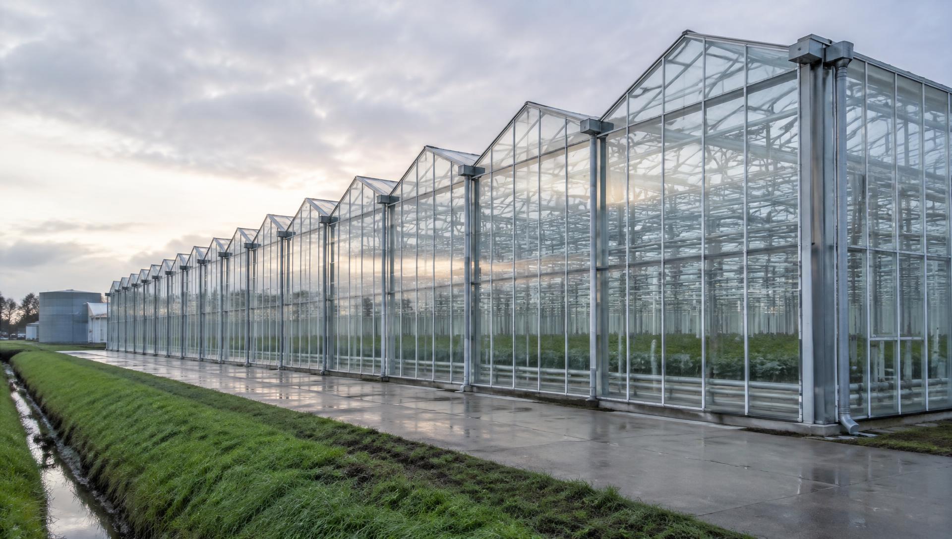Modern glazen tuinbouwkas in het Westland bij zonsopkomst