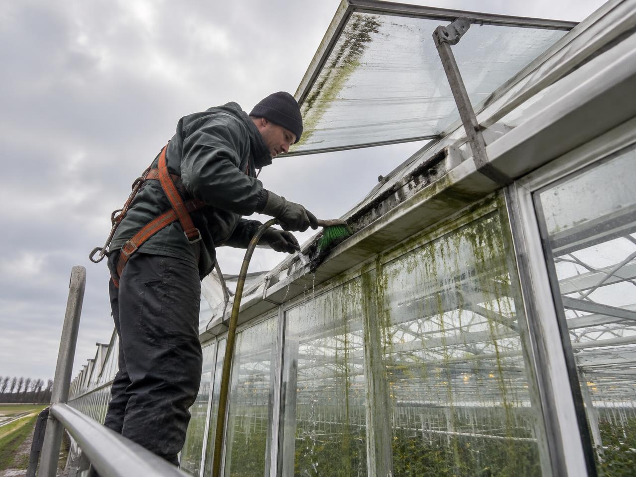 Detail van luchtramen en goot van een kas na onderhoud